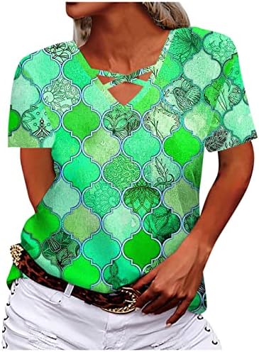 Сончогледот печати крстосници на врвови за жени против кратки ракави на вратот, блуза 2022 летни основни кошули за туника