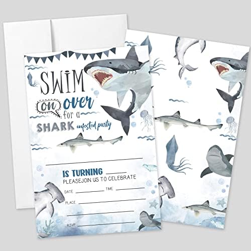Аехи 20 сетови ајкула Покани за роденден со коверти, морски животни ајкули со двострана печатена роденденска забава Покани картички