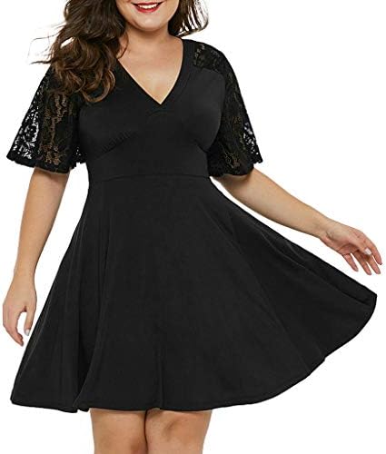 Плус обична големина преголема црна фустани кратка чипка цврста мода V-врат за замав со женски фустан за ракави, плус фустан