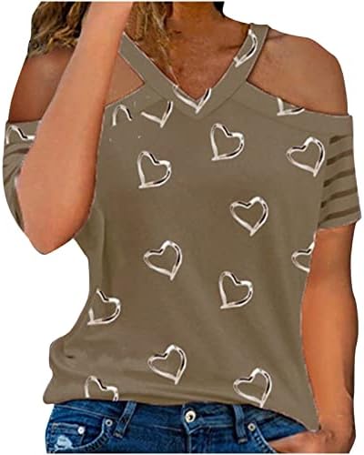 Летна есен маичка тинејџерски девојки 2023 Краток ракав против вратот Графички срцев удар Striped Топ маичка за жени wa wa