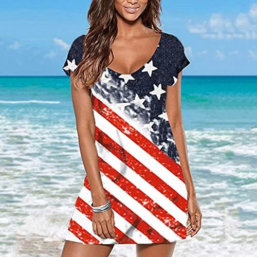 4-ти јули Обичен летен фустан женски американско знаме печати против вратот со кратки ракави фустан лабав парнички резервоар