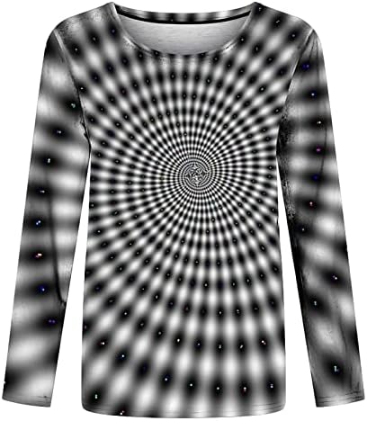 3Д кошули за жени Смешна оптичка илузија графички врвови на врвови на врвови на екипажот со долги ракави, основни блузи, пулвер