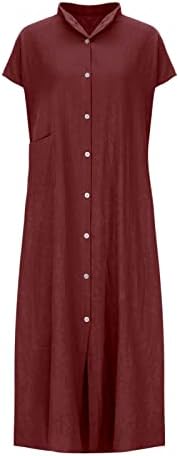 Енху тинејџерски девојки фустан vneck ленен фустан краток ракав долго случајно основно есенско летно копче за фустан надолу