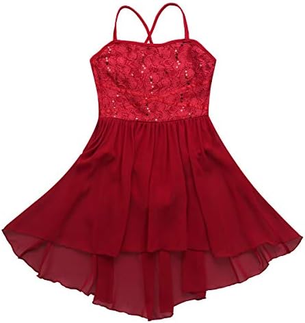 Msemis Girls Criss Cross Back Sequin Clace Camisole High Circle Chiffon Skurts модерен лирски фустан за танцување