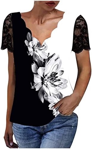 Графички блузи за жени кратки чиста ракав vneck душичка деколте чипка чиста лепенка врвови на маица дами gd
