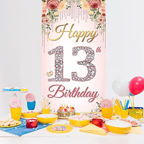 Htdzzi 13-Ти Роденден Врата Позадина Банер, Среќен 13-Ти Роденден Украси За Девојчиња, Розово Злато Цветни 13 Годишниот Роденден