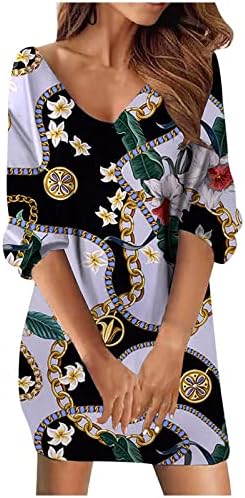 Fragarn Boho летен фустан, моден женски обичен лабав V-врат печатен ракав краток фустан од миди ракав