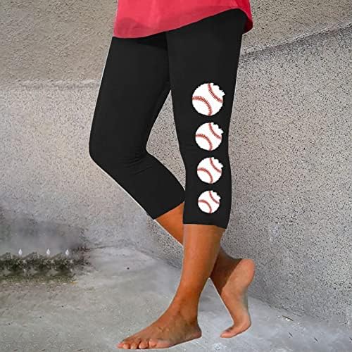 Капри хеланки за жени со високи половини за бејзбол печати за жени за жени атлетски хулахопки јога тренингот исечени панталони