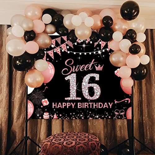 Asoonyum 7x5ft Слатка 16 -ти роденденски украси Заднини розови злато среќен роденден банер позадина за фотографија тинејџери
