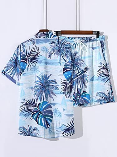 Lubose Облека со две парчиња за мажи Мажите случајна тропска кошула за печатење и шорцеви за половината за влечење без мета