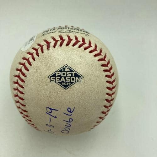 Ronald Acuna потпиша 2019 NLDS ATLEST HIT Game Користена бејзбол двојна JSA & MLB COA - MLB автограмирана игра користена бејзбол