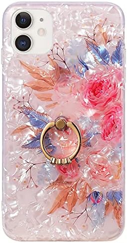 Qokey iPhone 11 кутија цветни кутии симпатична чиста цветна кутија за жени девојки со 360 степени ротирачки прстен држач за