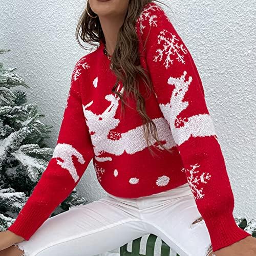 Божиќен плетен џемпер за жени празник со долги ракави џемпери за пулвер, симпатична екипаж на ирваси облеки од врвови