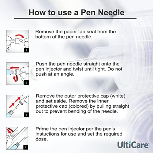 Игли за пенкало за инсулин Ulticare за инјекции на инсулин дома, компатибилни со повеќето уреди за инјектори на пенкало, големина: 4mm x 32g, 100 брои