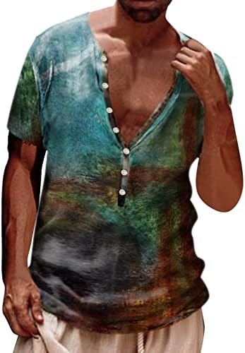 Ubst Mens Henley кошули 3D ретро потресен светски мапа за печатење копче V вратот Топ лето кратка кошула за обична плажа