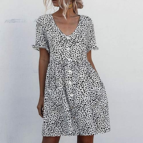 Копче за употреба на туничен фустан за жени лето кратки ракави против печатење на вратот џеб лабав рушеран замав фустан
