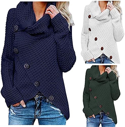 Женски буци копче пуловер џемпер кукавички врат асиметричен обвивка плетена џемпер есенски врвови за зимски моден скокач