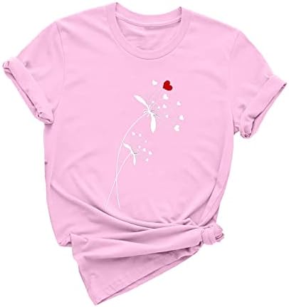 Розова облека со кратки ракави, екипаж, памук, графички салон на Денот на вineубените, врвна маица за дами есен лето Топ 6а 6а xl