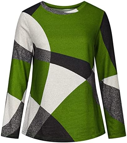 Обичен џемпер со долги ракави на вратот за жени, геометриски џемпери за печатење паѓаат лабава пулвер блуза врвови кошули