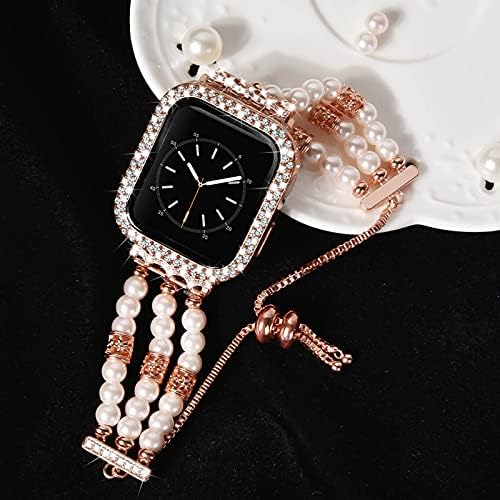 V-Moro нараквица компатибилна со Apple Watch Band 40mm 44mm жени со заштитен екран за заштита на екранот, мода рачно изработена еластична лента за бисери со целосна покривка за iWa
